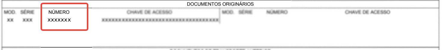 Exemplo de documento fiscal com o campo Número da NF-e destacado.